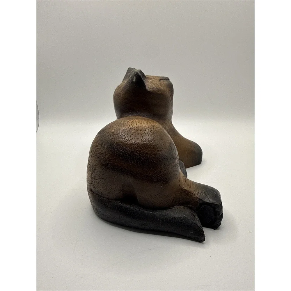 Black Brown Hand Carved Wood Yawning Cat Figurine Sculpture Thailand Kitty 6x4